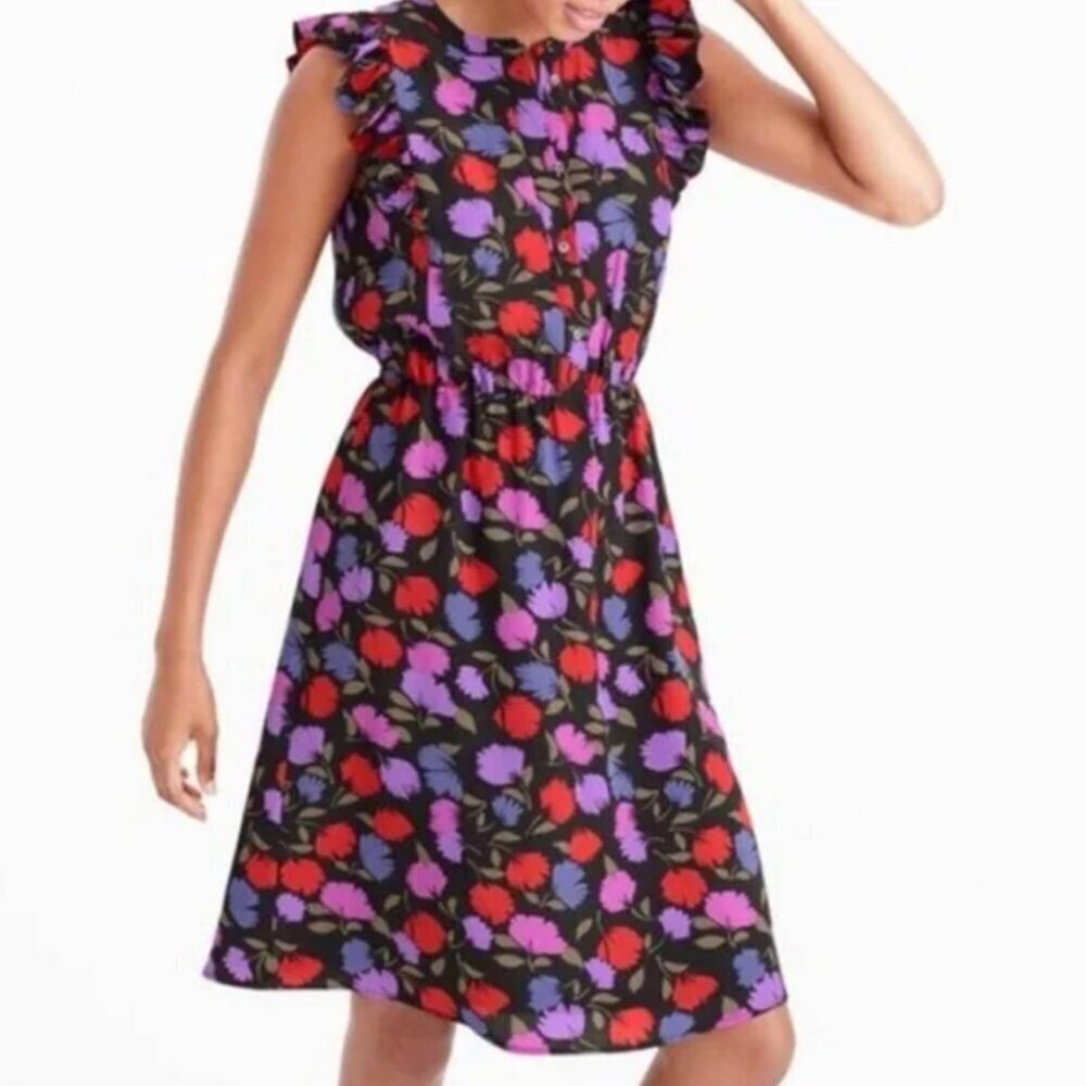 J. Crew 100% Silk Floral Flutter Sleeve Dress with Button Front, size 8